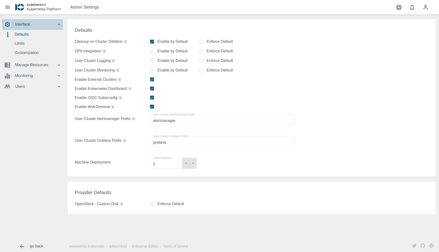 Admin panel interface of Kubermatic Kubernetes Platform