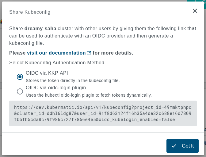 Share cluster dialog Share cluster dialog
