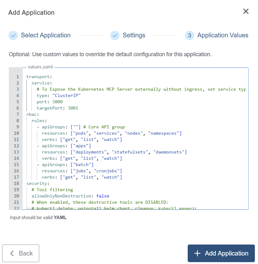 Application Values for Kubernetes MCP Server Application