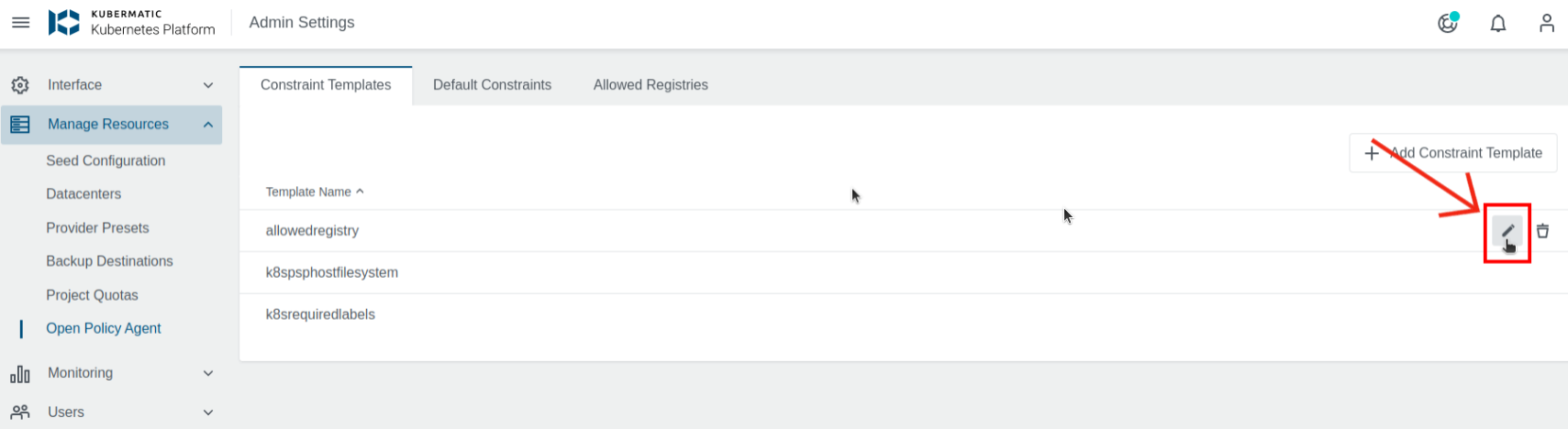 Cluster Details View Edit Constraint Template