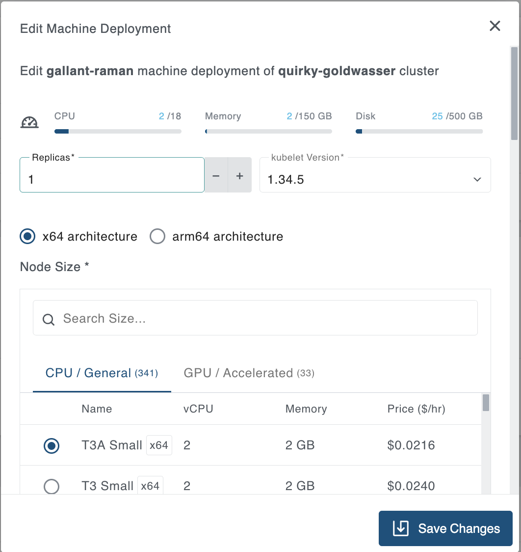 Machine deployment overview with opened edit modal Machine deployment overview with opened edit modal