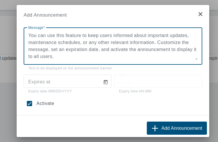 Announcements Add Dialog Add Announcement