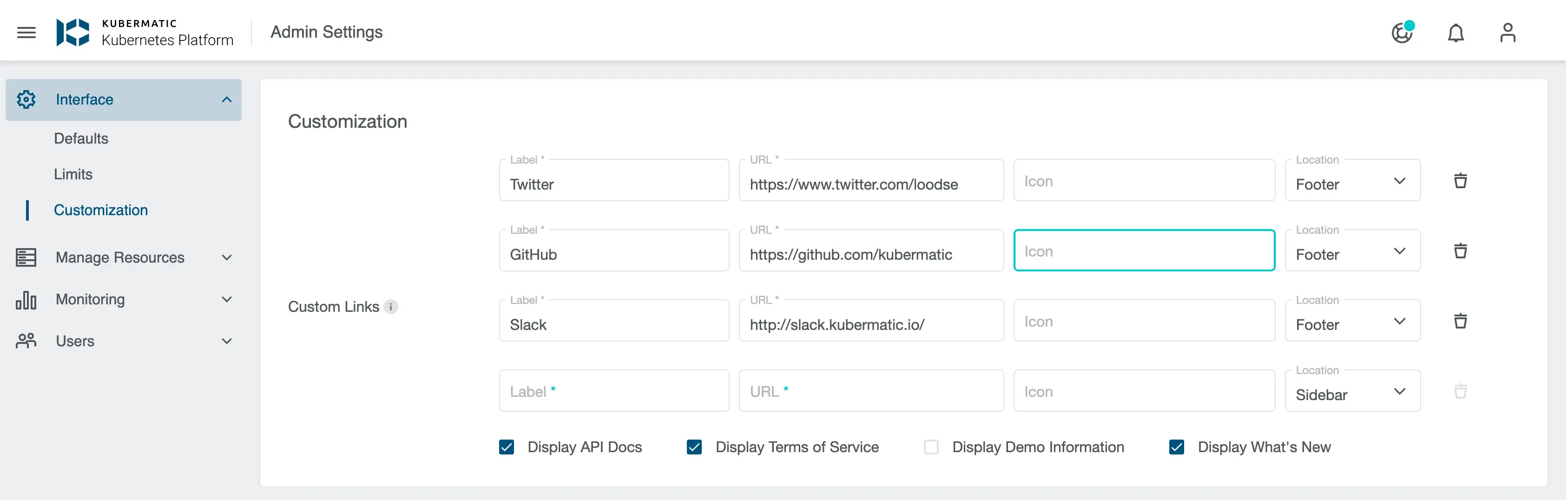 Custom Links Settings Admin Panel
