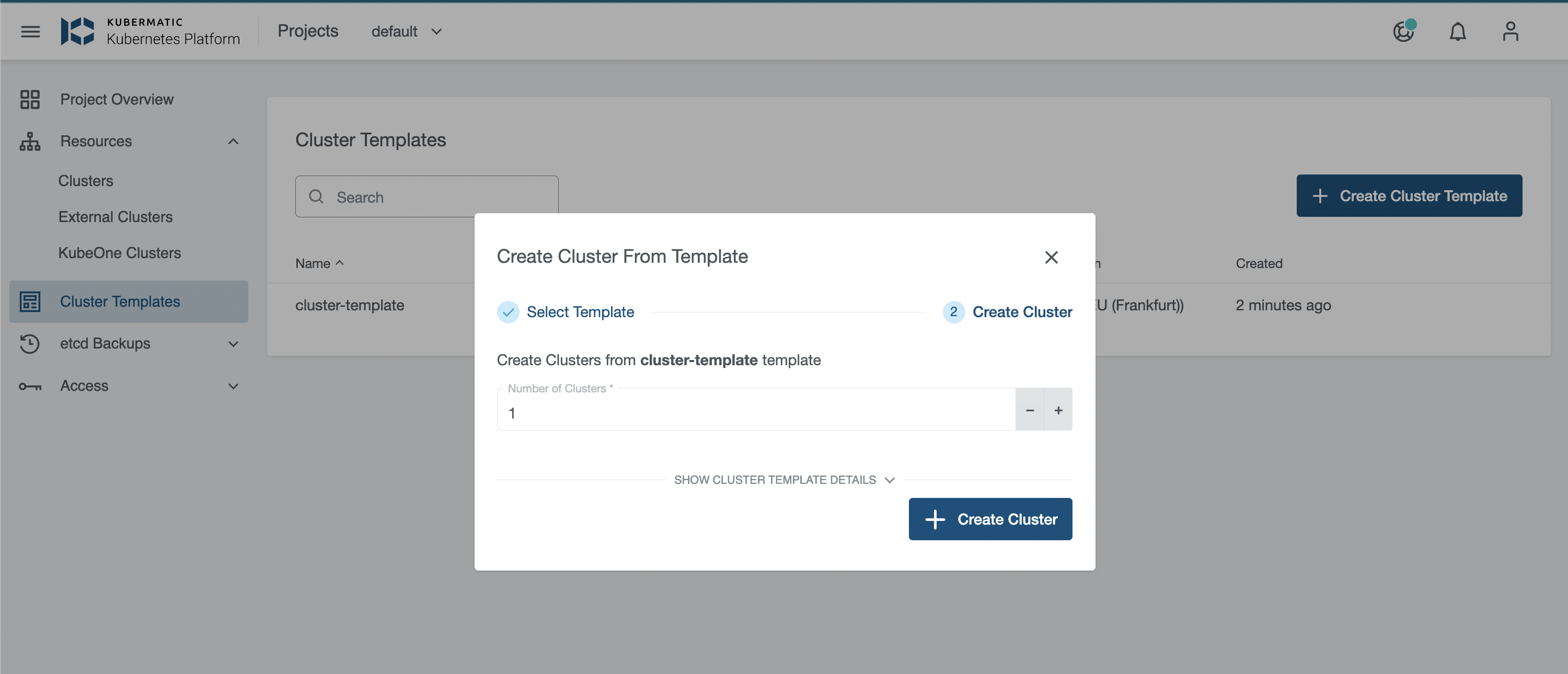 Create Clusters from Template Create from cluster template wizard