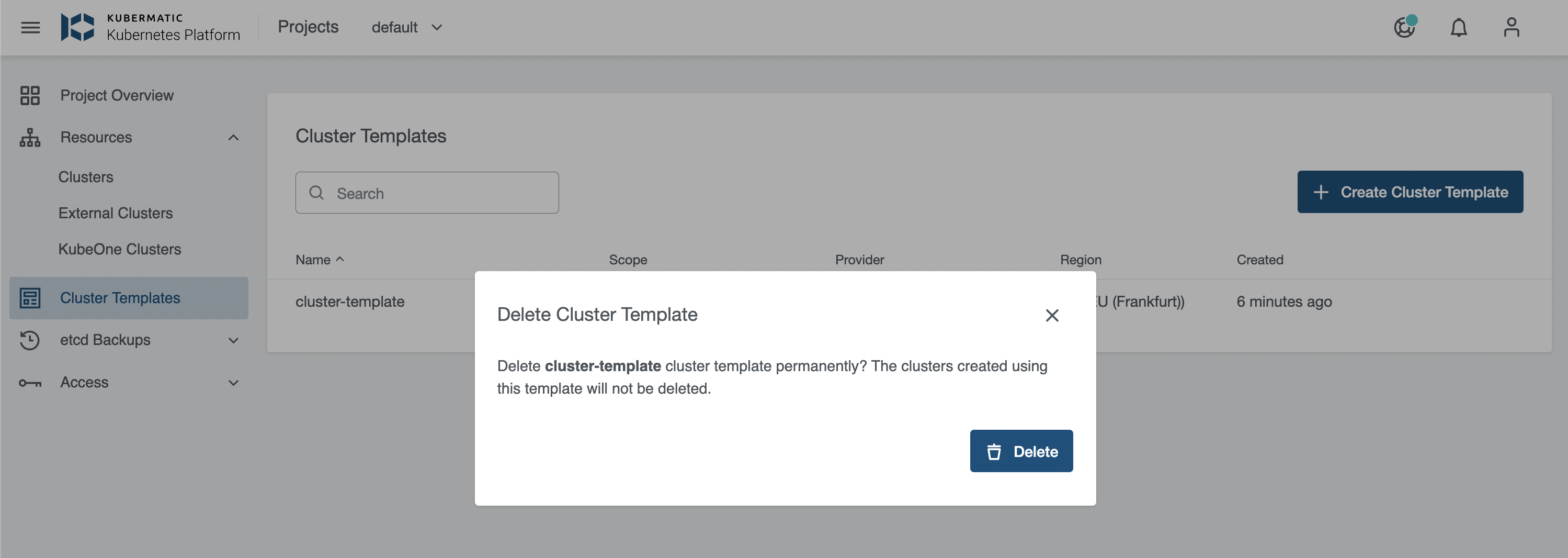 Delete Cluster Template Delete from cluster template wizard