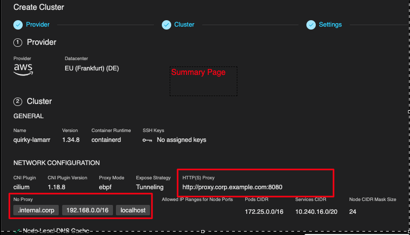 Proxy settings in the cluster summary