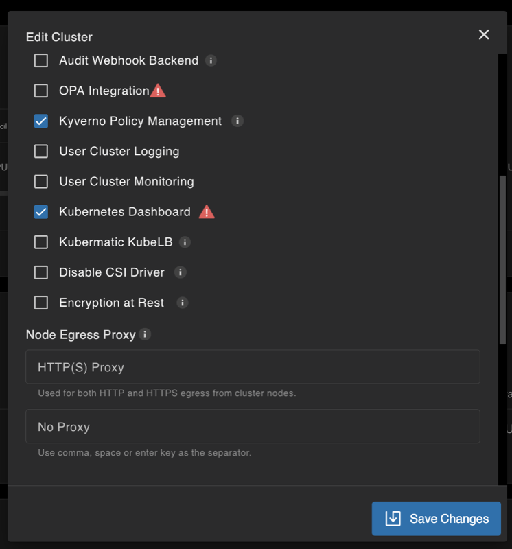 Node Egress Proxy in the edit cluster dialog