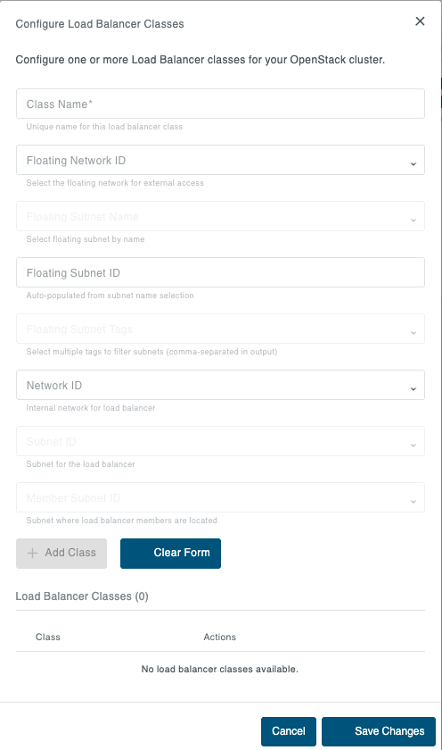 Configure LoadBalancer Classes Dialog Configure LoadBalancer Classes